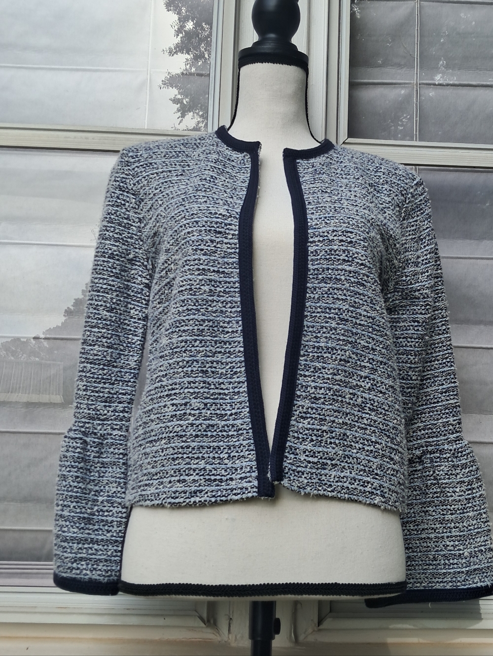 LOFT Navy and White Textured Open-Front Blazer